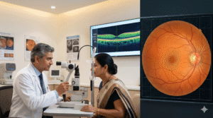 Ophthalmologist examining diabetic patient's retina using advanced OCT scanner at Dr Solanki Eye Hospital Malleshwaram Bangalore