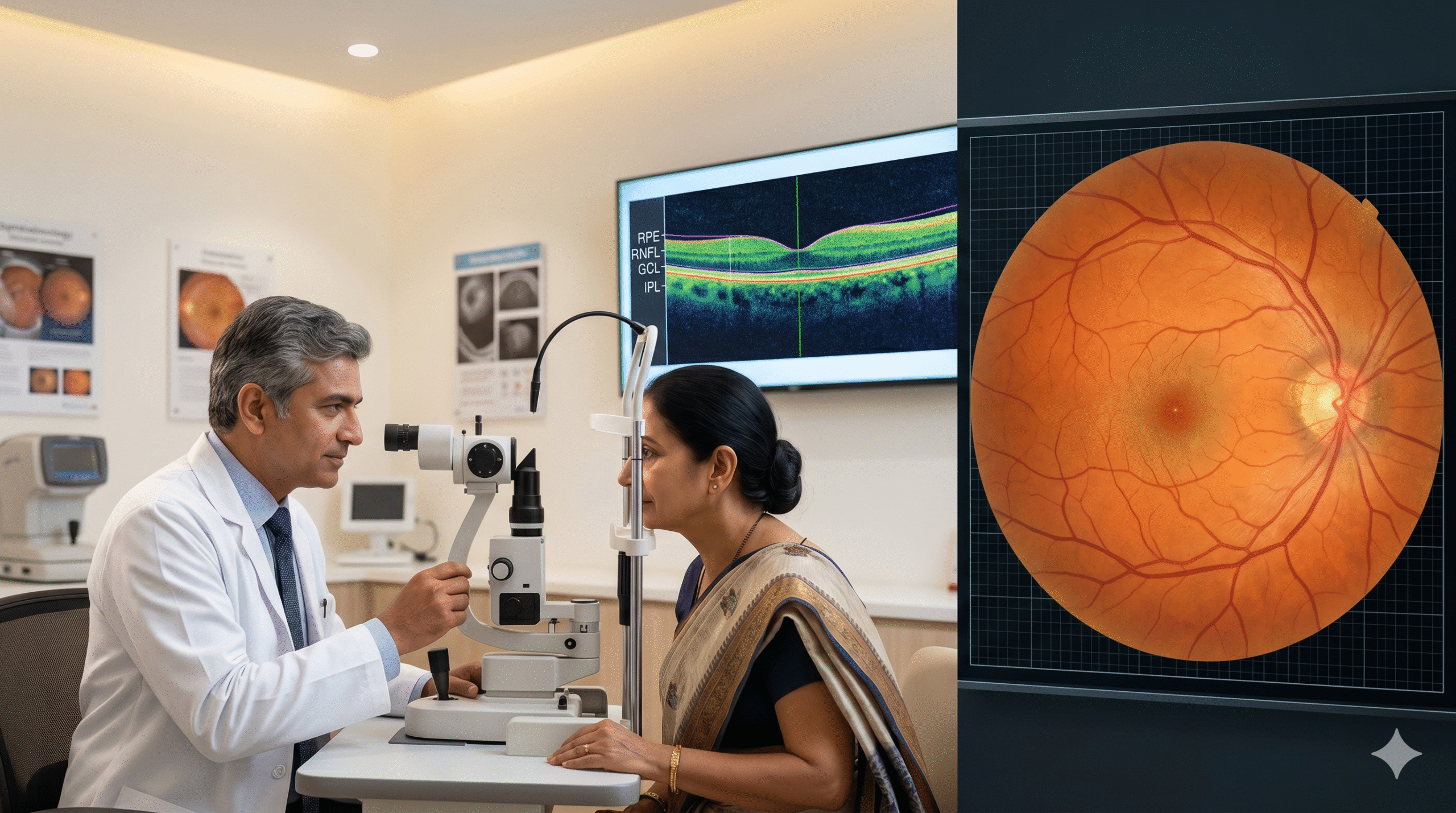 Ophthalmologist examining diabetic patient's retina using advanced OCT scanner at Dr Solanki Eye Hospital Malleshwaram Bangalore